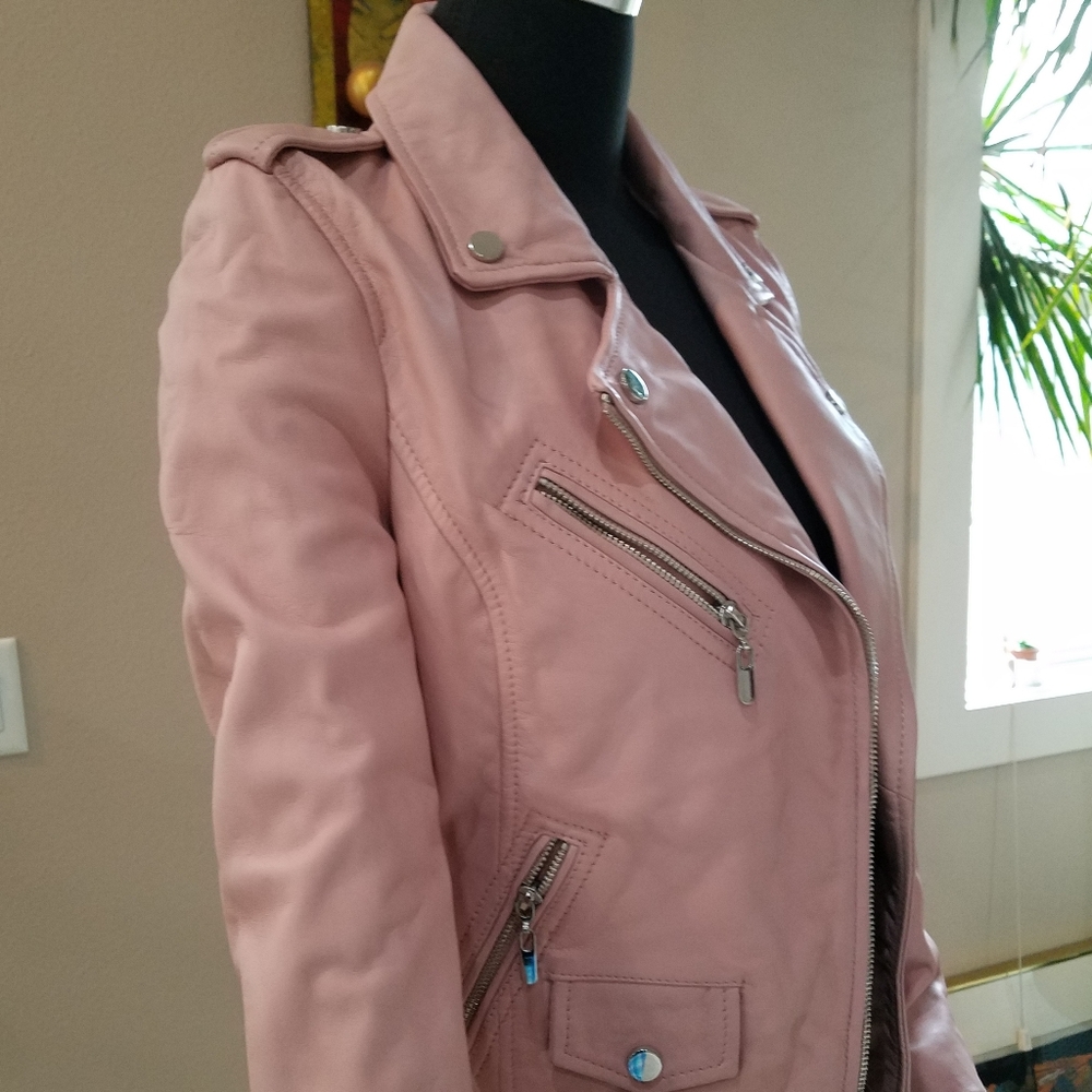 Wilsons Luxe Leather Moto Jacket Vintage Style Dusty Pink Silver Tone Hdwr S NWT - Picture 4 of 14